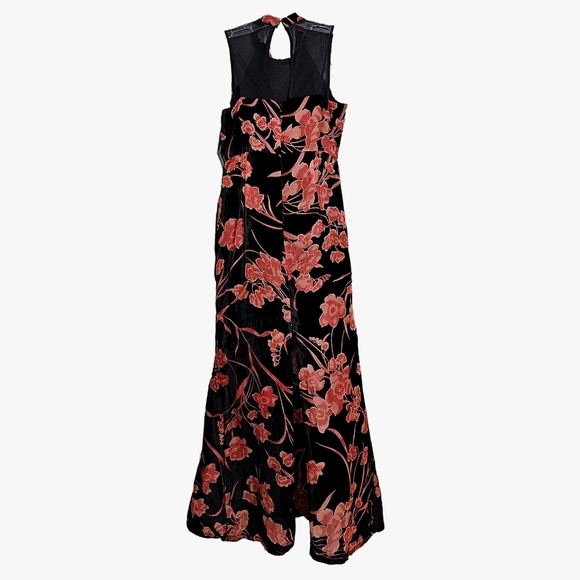 Nwt BCBG Black Velvet / Peach Floral Sleeveless Highslits Maxidress - Picture 4 of 17